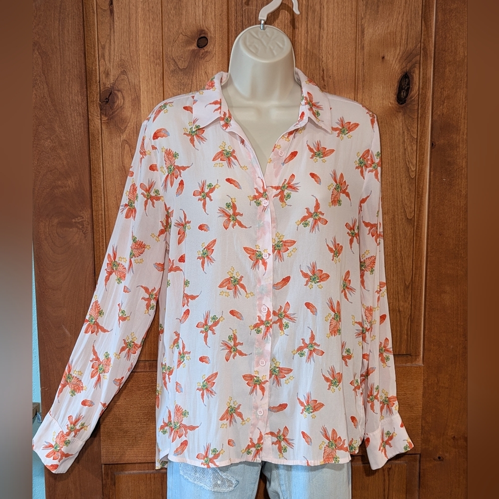 Collective Concepts Floral Button Down Shirt - Peach and Orange